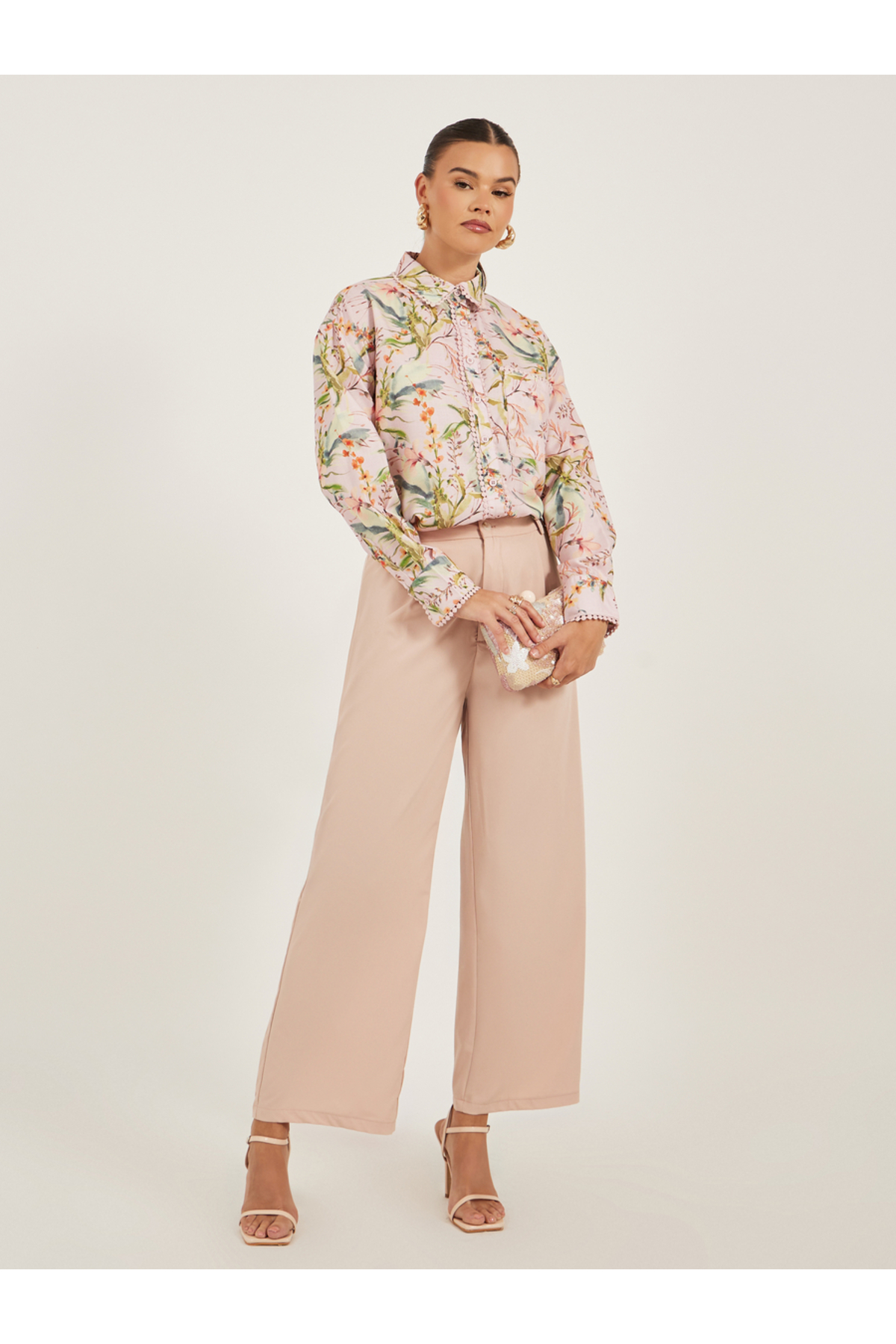 Styli Floral Print Lace Trim Spread Collar Shirt