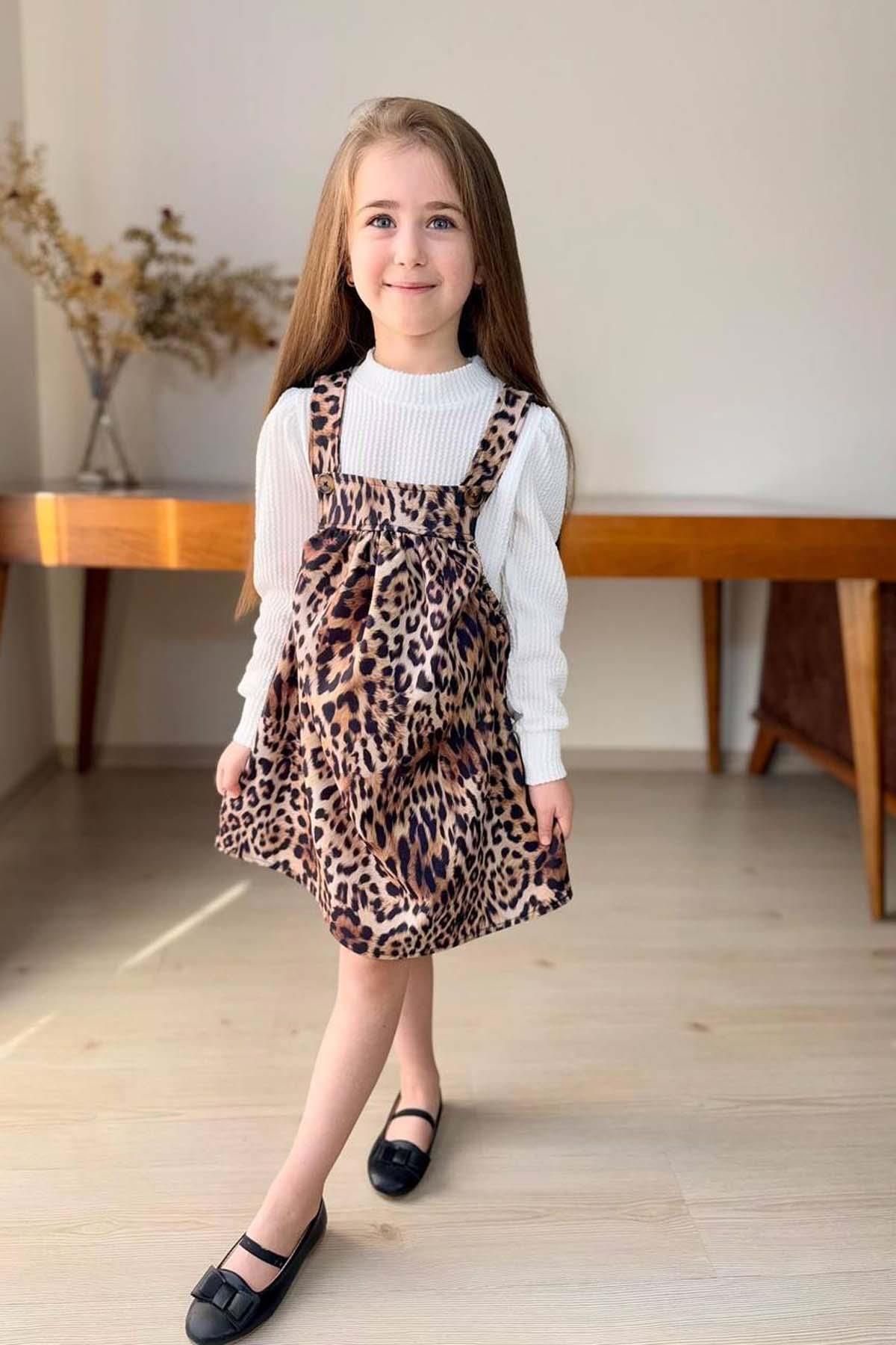 Riccotarz-Girl's Stand-Up Collar Corded Sweater Suspender Leopard Patterned Salopet Set 3