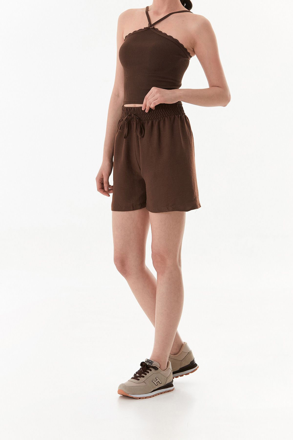 Fulla Moda-Basic Ayrobin Fabric Waist Lace up Shorts 5