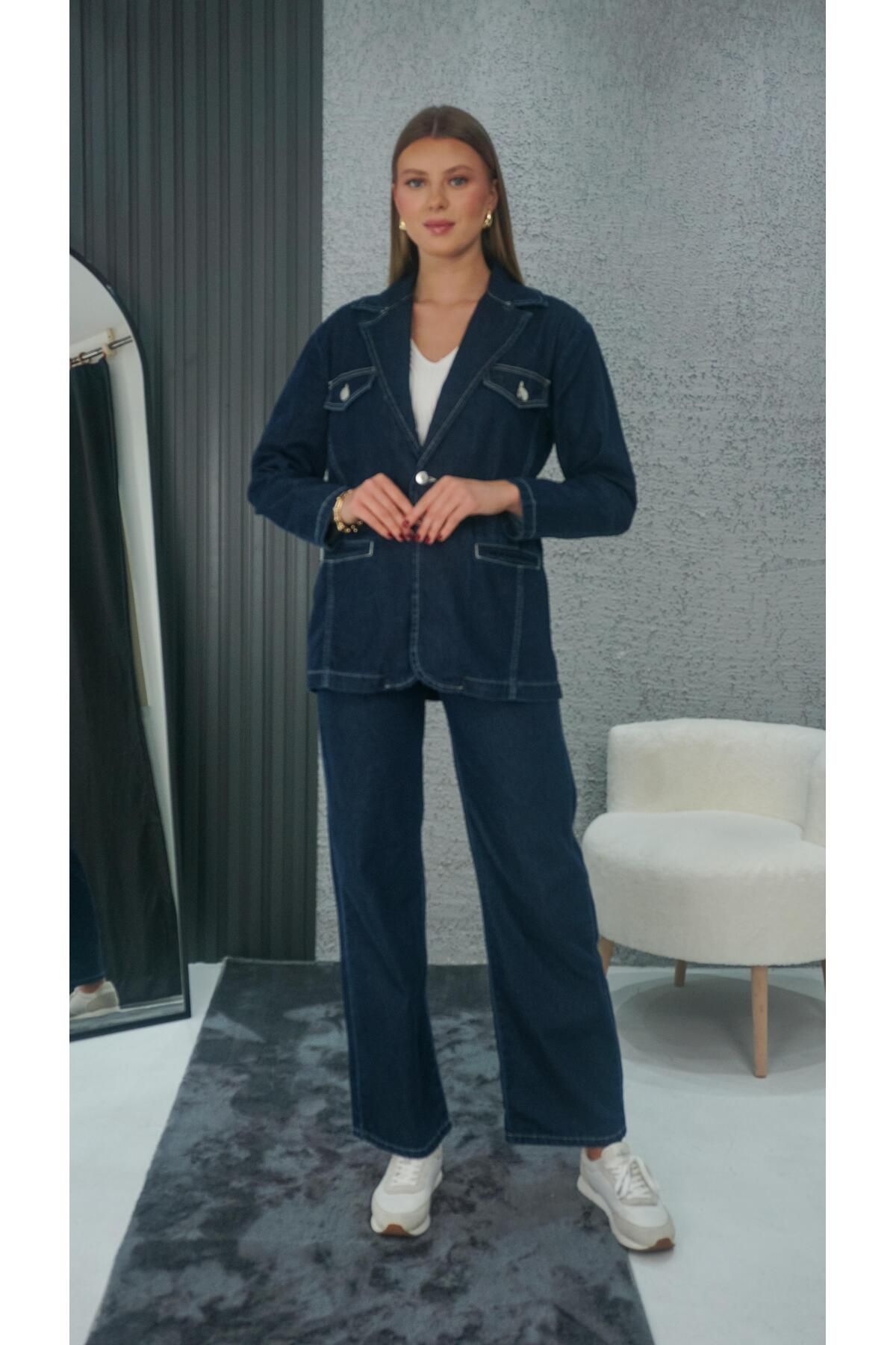 Neva Wear Kadın Koyu Mavi Yüksek Bel Geniş Paça Jean Pantolon