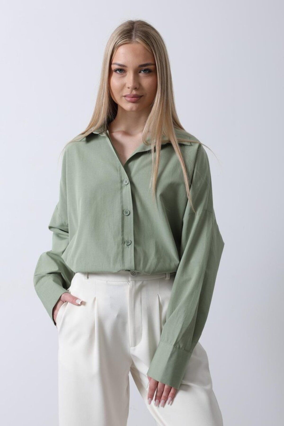 velmorafashion Geniş Manşet Detaylı Gömlek - Haki