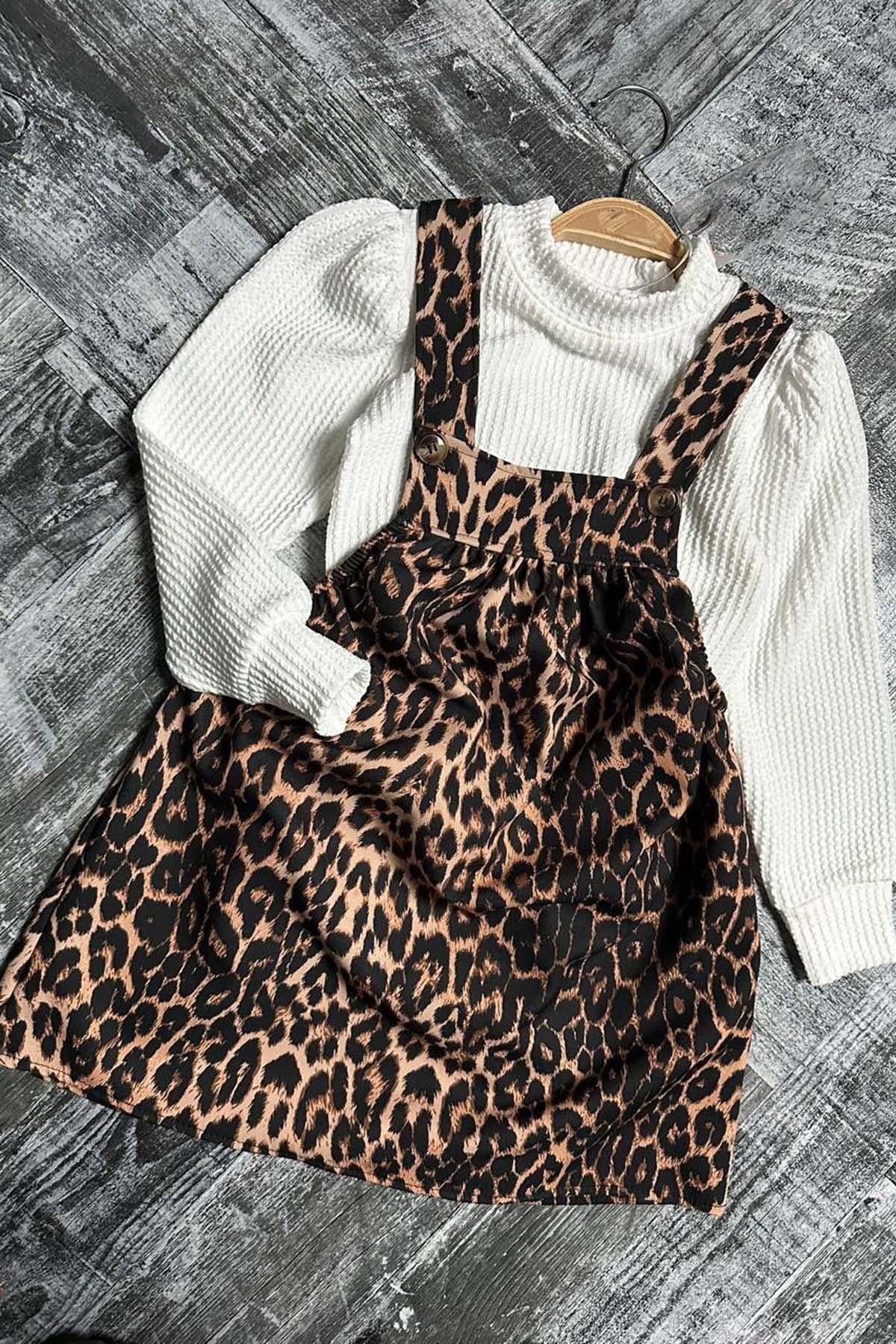 Riccotarz-Girl's Stand-Up Collar Corded Sweater Suspender Leopard Patterned Salopet Set 5