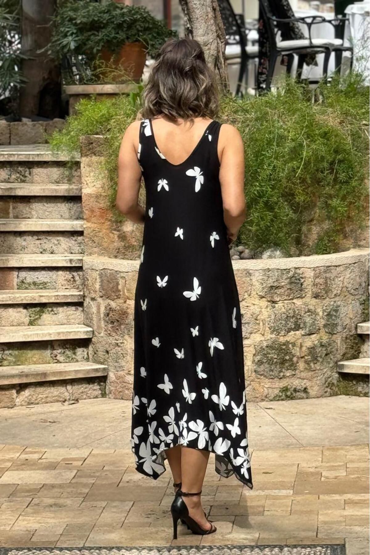 Nevin Kaya Moda-Rochie neagră din bumbac cu curea cu cataramă cu modele de fluturi 3