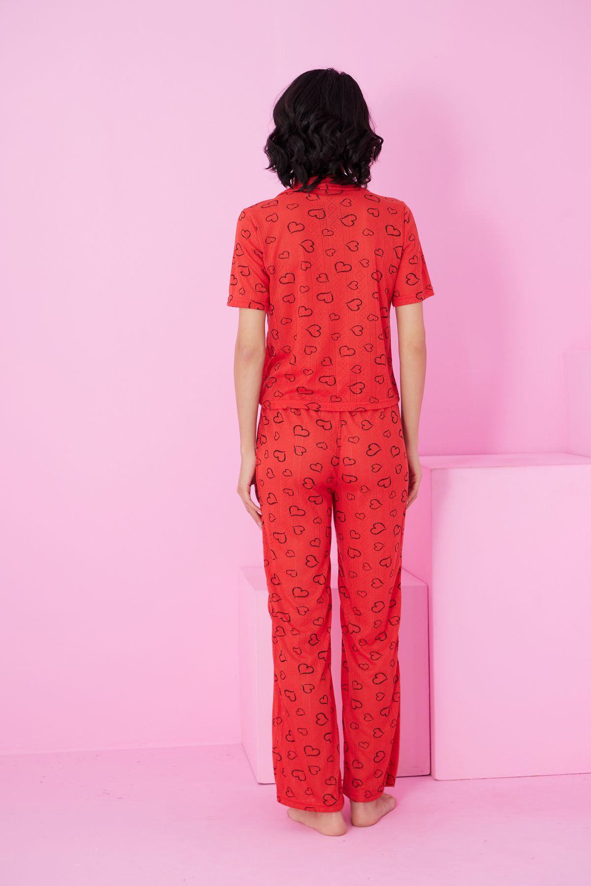 Siyah İnci-Red-Black Heart Pattern Pointel Openwork Pajama Set 3