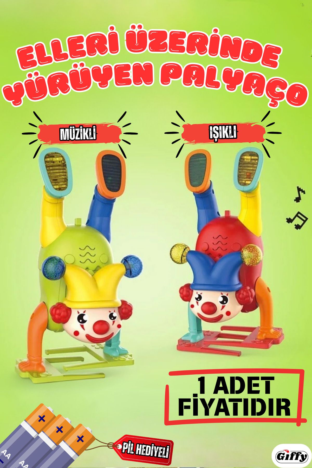 giffy Oyuncak Elleri Üzerinde Yürüyen Akrobat Palyaço Sesli Müzikli Led Işıklı Hareketli