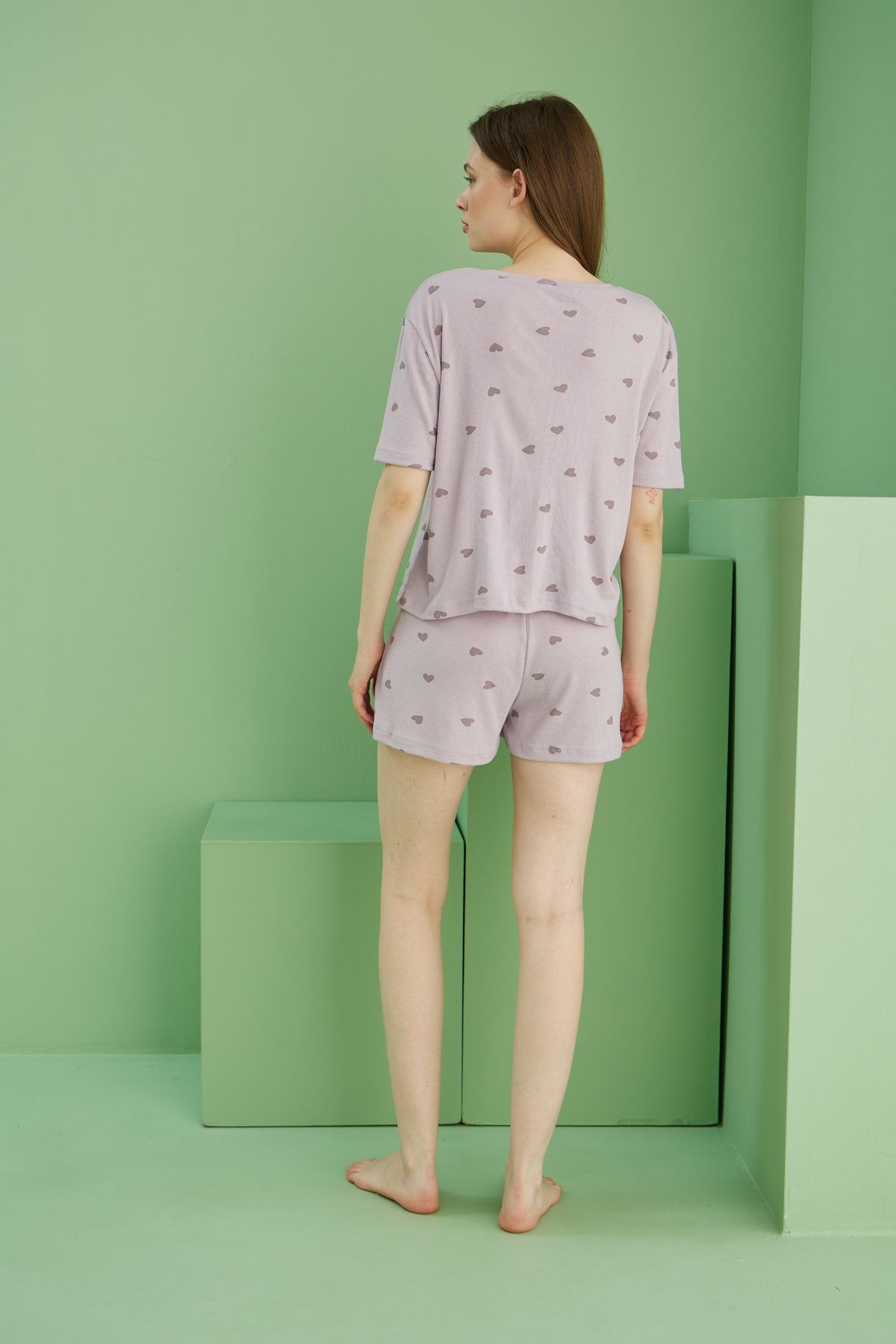 Siyah İnci-Lilac Heart Printed Ribbed Camisole Knitted Shorts Set 3
