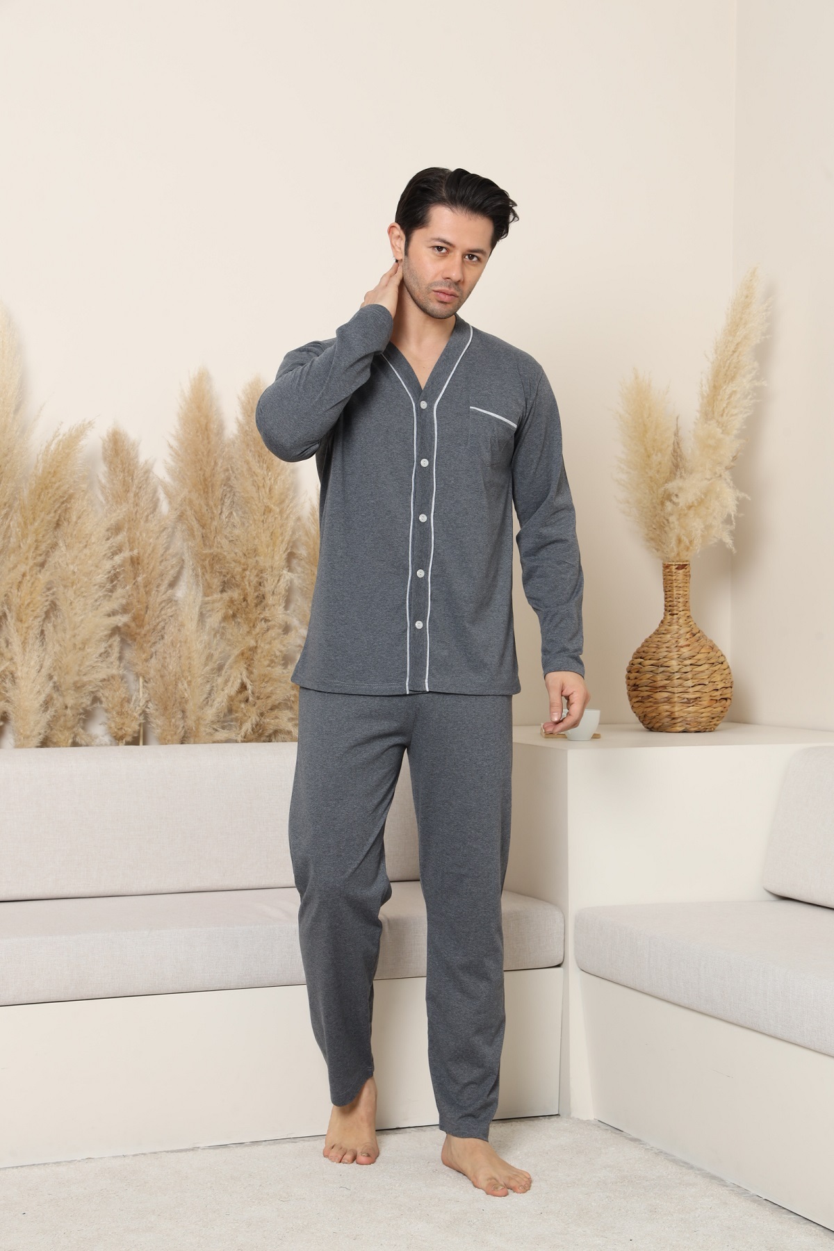 MODAREYA Boydan Düğmeli Kışlık Kalın Biyeli Erkek Pijama görsel 2