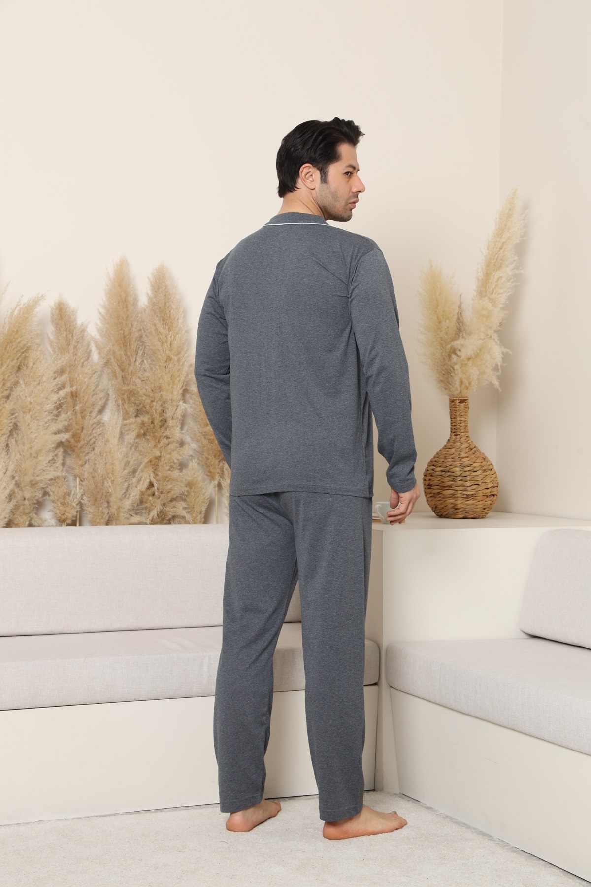 MODAREYA Boydan Düğmeli Kışlık Kalın Biyeli Erkek Pijama görsel 3