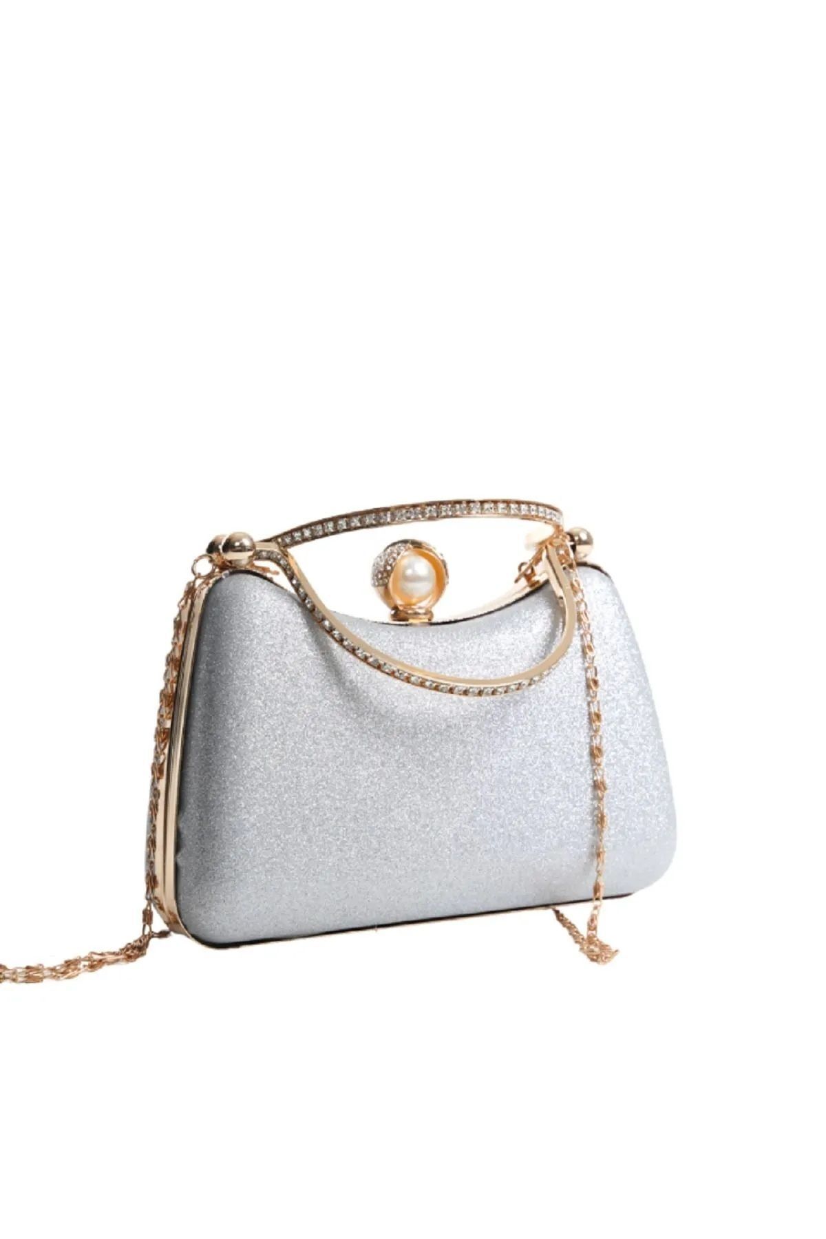 ZEYYMODA Kadın KumSim Taş Detaylı Gümüş/Gold Abiye Çanta Inci Kilit Açma