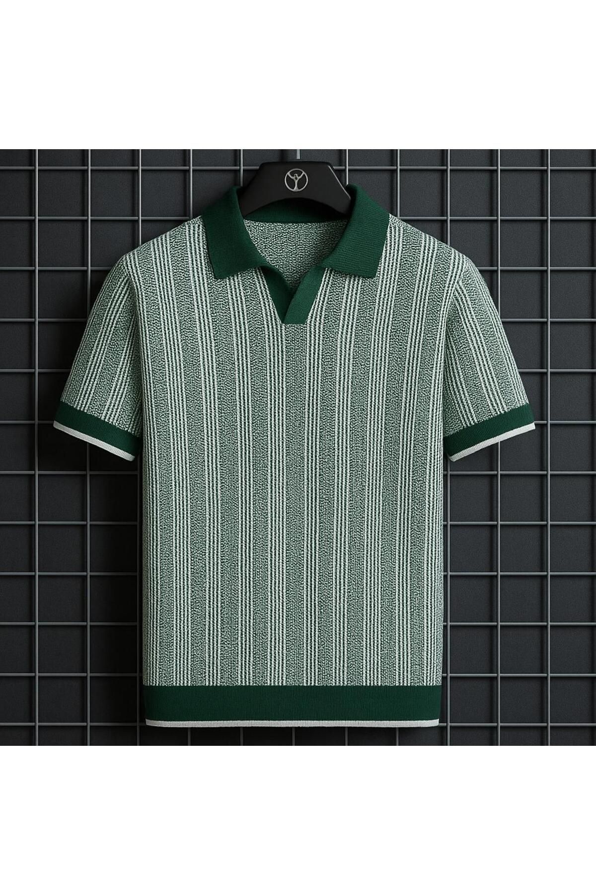 LUPERCUS Erkek Örgü Polo Yaka T-Shirt - Siyah Beyaz Çizgili