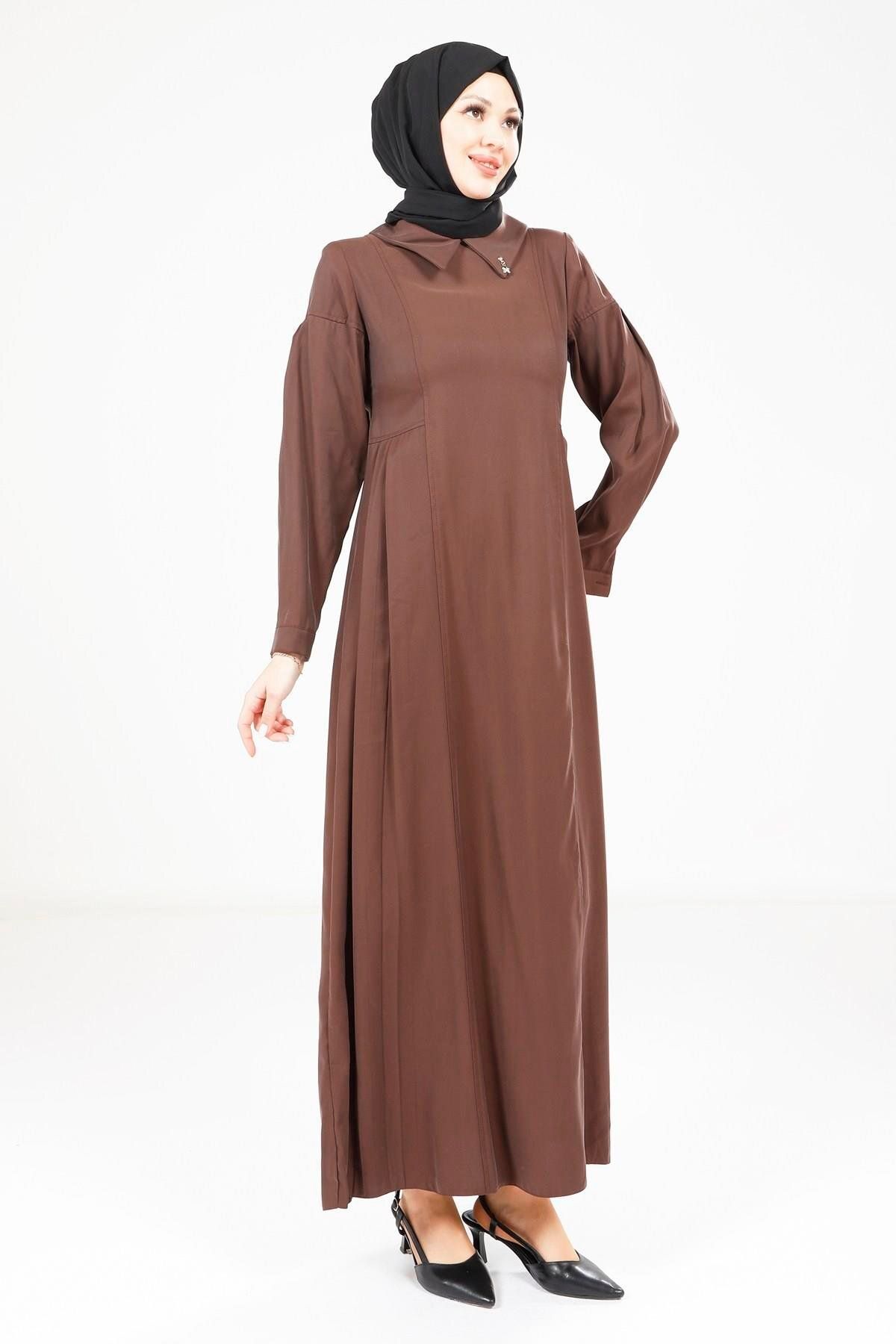 پیراهن پوشیده زنانه لباس قهوه پلاستیک 9342 اورجینال Beyza