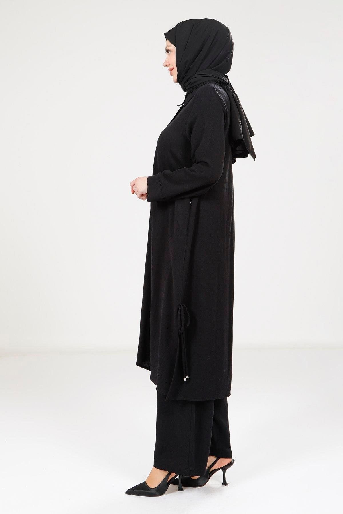 ست بالاپایین پوشیده زنانه رنگ مشکی کتانی مجموعه فوقانی 9281 Beyza