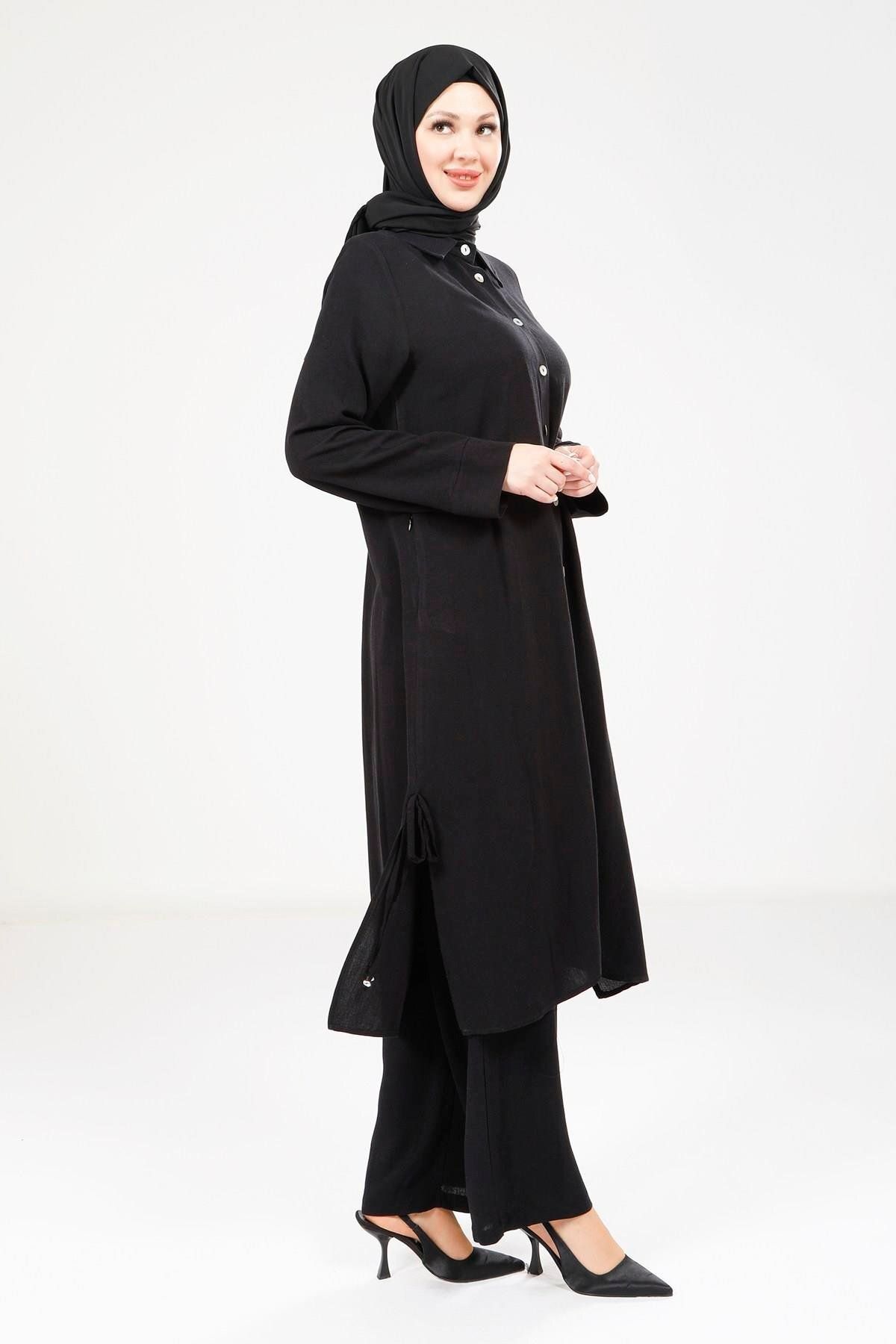 ست بالاپایین پوشیده زنانه رنگ مشکی کتانی مجموعه فوقانی 9281 Beyza