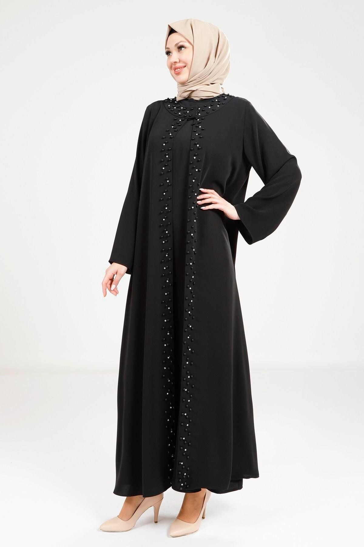 مانتو و عبای پوشیده زنانه مروارید مفصل سیاه ABAYA 9268 Beyza