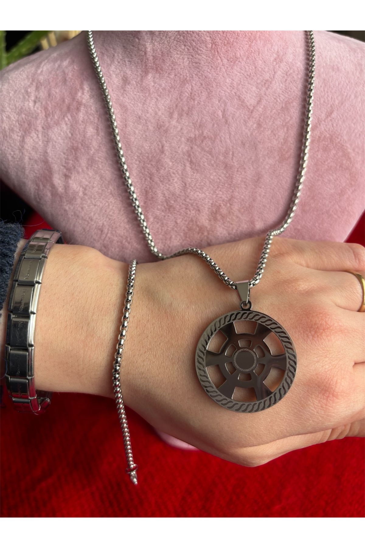 derokas-Silver Stainless Steel Necklace with Ship Wheel Figure - Bracelet Gift 4