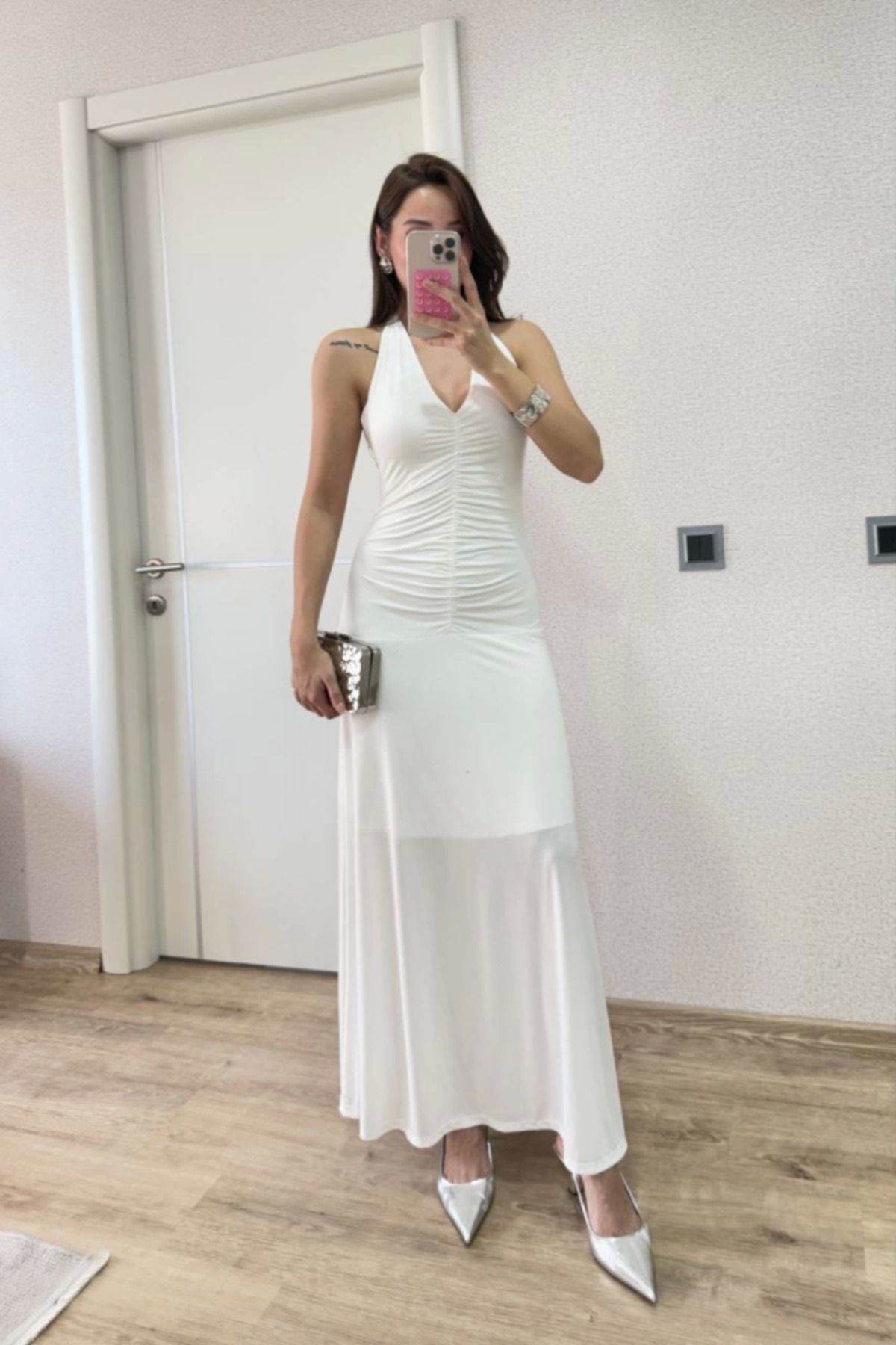 velmorafashion Sırt Dekolteli Uzun Kollu Elbise - Beyaz