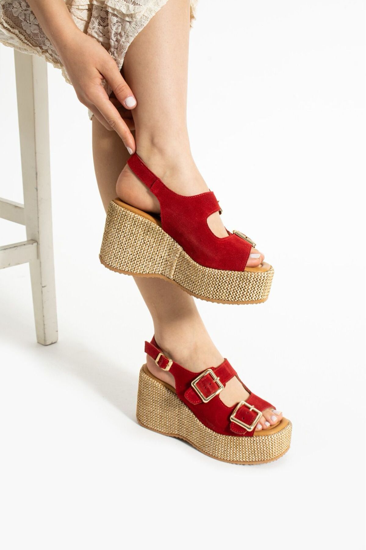 CICIKIZ-Suede Leather Wedge Sole Buckle Women's Summer Sandals 2