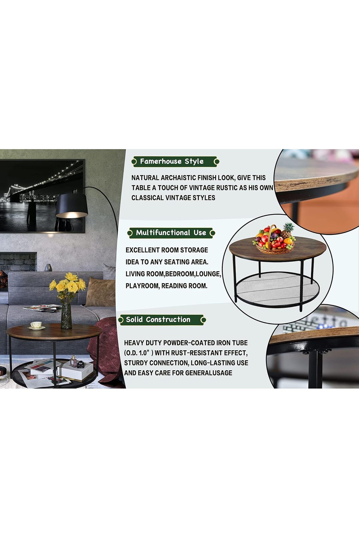 Generic-Coffee Table Round Side Table with with 2 Open Shelf Storage for Living Room 80x80x45cm 4