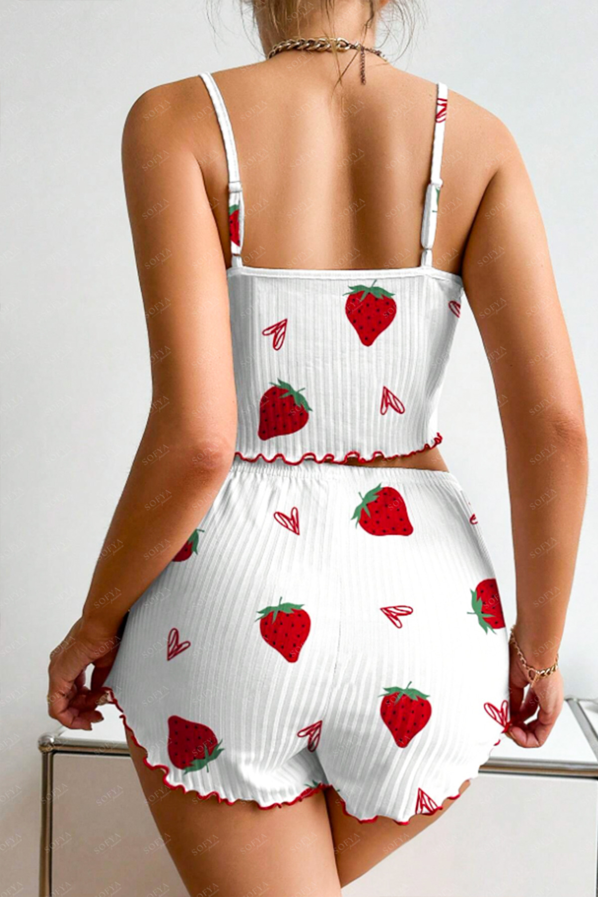 Sofya Passion-Women's Shorts Set with Suspenders, Strawberry Print Nightwear Pajama Set 4