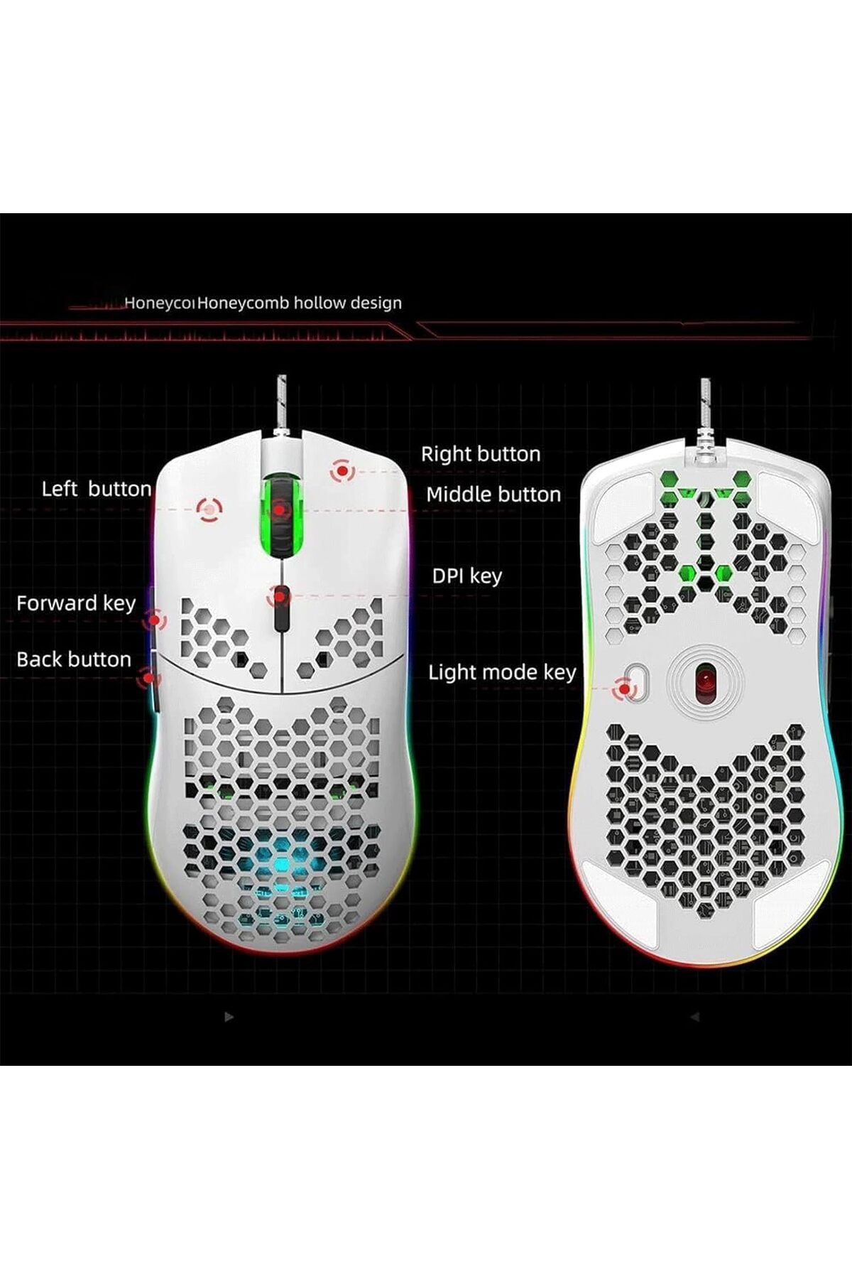 AOMIGE-Ultralight Honeycomb Gaming Mouse, High-Precision 12800DPI Optical Sensor, 6 Programmable Buttons, 4