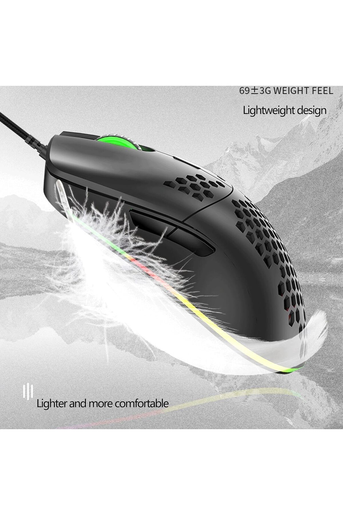 AOMIGE-Ultralight Honeycomb Gaming Mouse, High-Precision 12800DPI Optical Sensor, 6 Programmable Buttons, 8