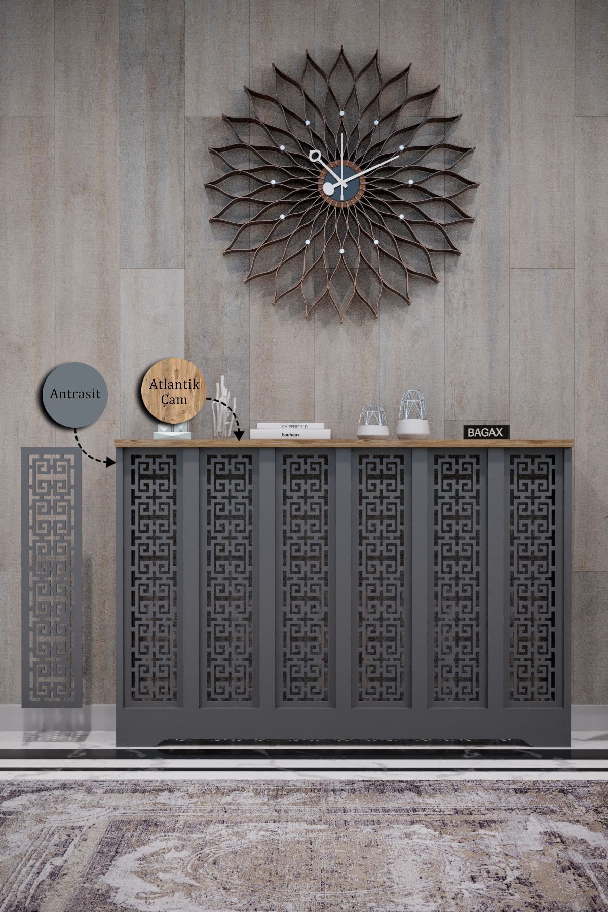 BAGAX Karatay Model, Antrasit Üstü Atlantik Çam Renk, 116 cm Petek Kaplama, Dresuar