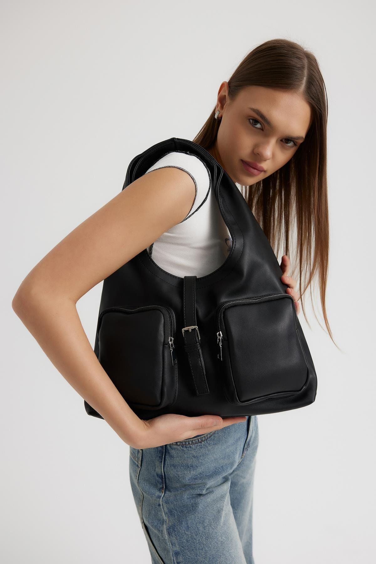 Shule Bags-Estrada Black Shoulder Bag with Pockets 3