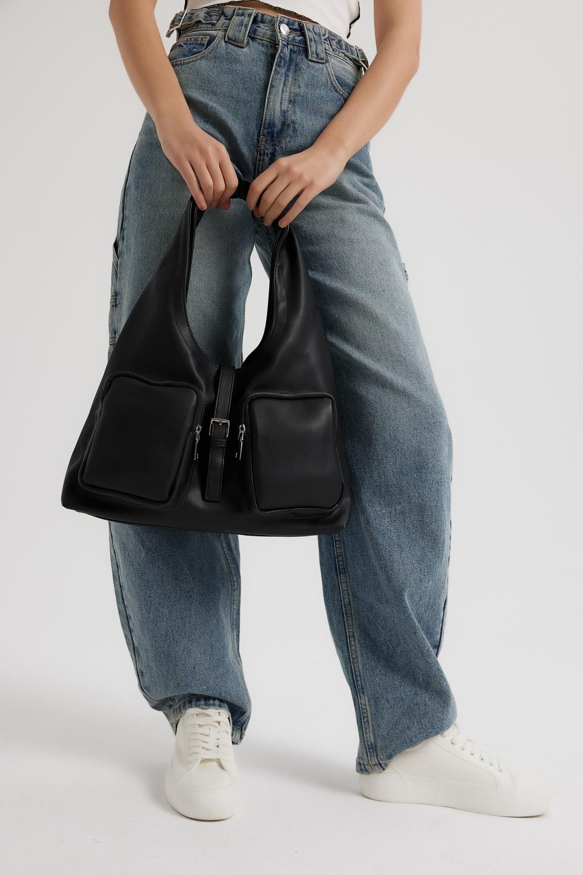 Shule Bags-Estrada Black Shoulder Bag with Pockets 6