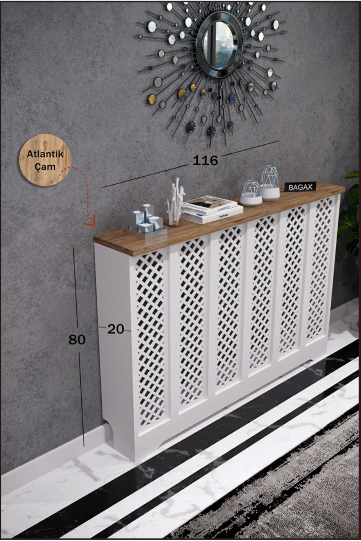 BAGAX Perge Model, Beyaz Üstü Çam Renk, 116 cm Petek Kaplama, Dresuar