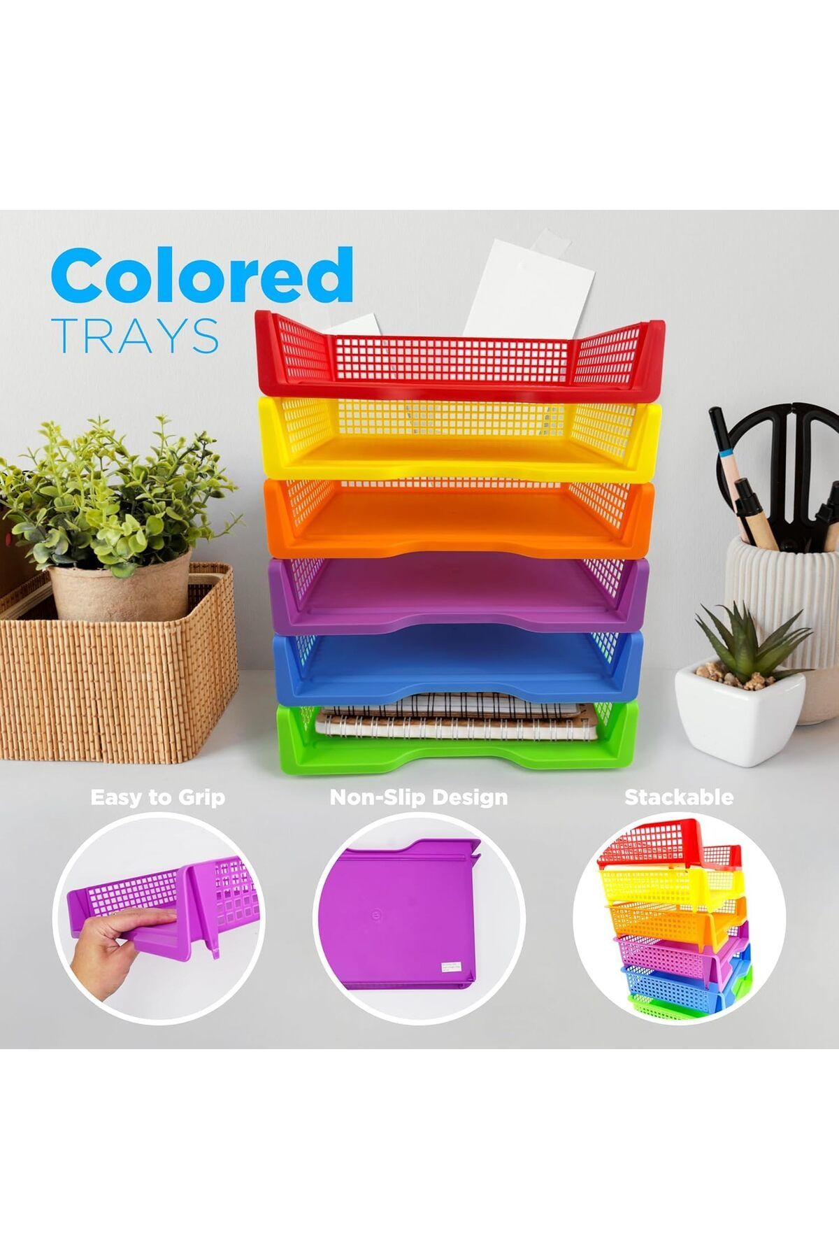 COOYA-6 Colorful Plastic Trays for Teachers, Durable Turn in Trays, Classroom Paper Organizers 4