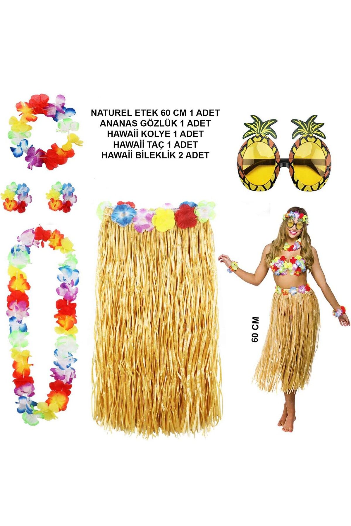 blueb Hawaii Parti Kostüm Seti - 60 cm Hasır Etek, Çiçekli Aksesuarlar ve Ananas Gözlük