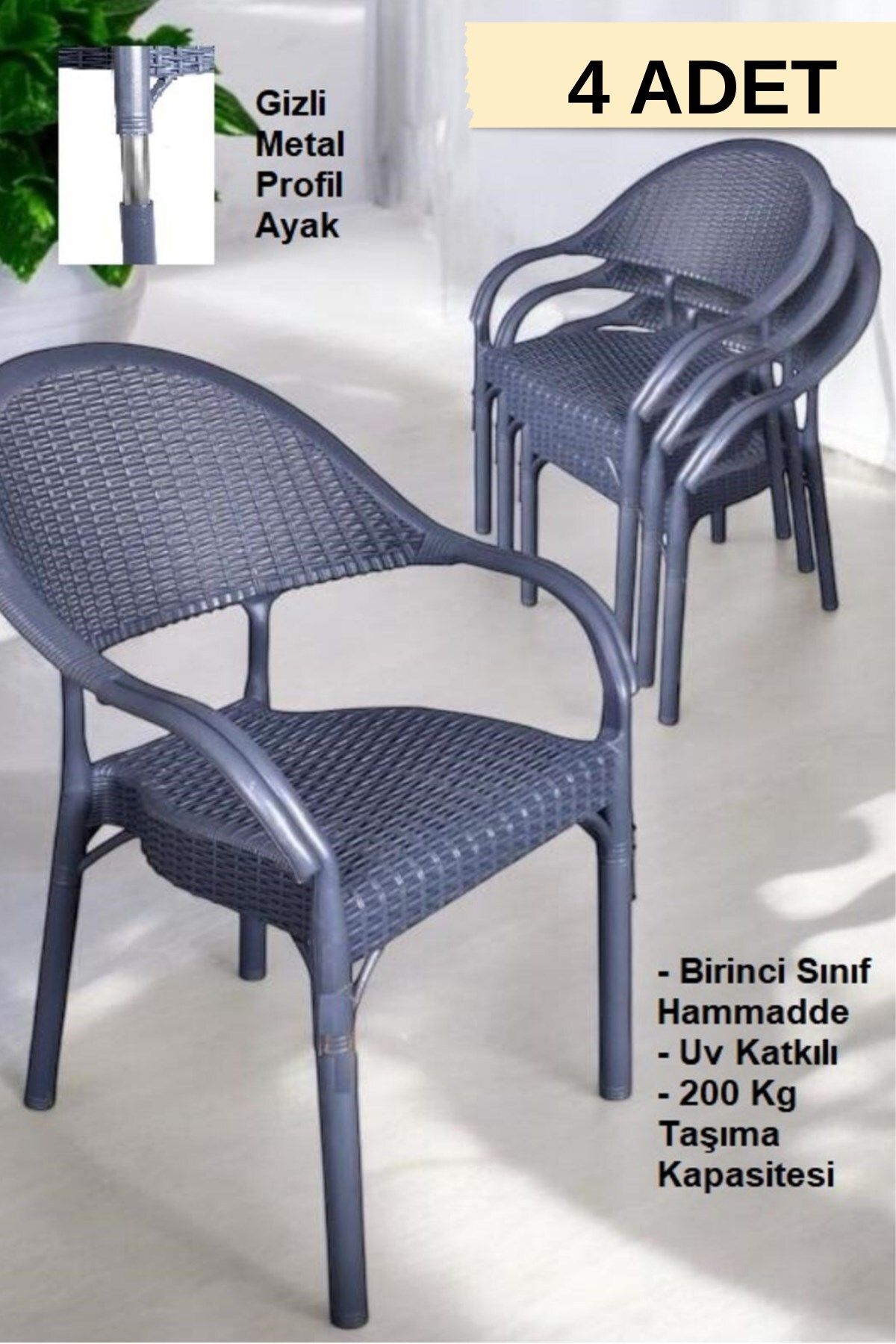 FURNLİNE MOBİLYA Furnline Mobilya Bambu Rattan Kollu Sandalye Koltuk 4'lü Set