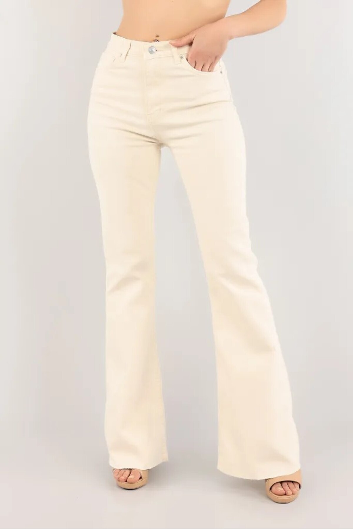 İBABUTİK  All Star Ispanyol Jeans Krem İspanyol Kot Yüksek Bel Ispanyol Ekru Kot Pantolon Likralı - Görsel 3