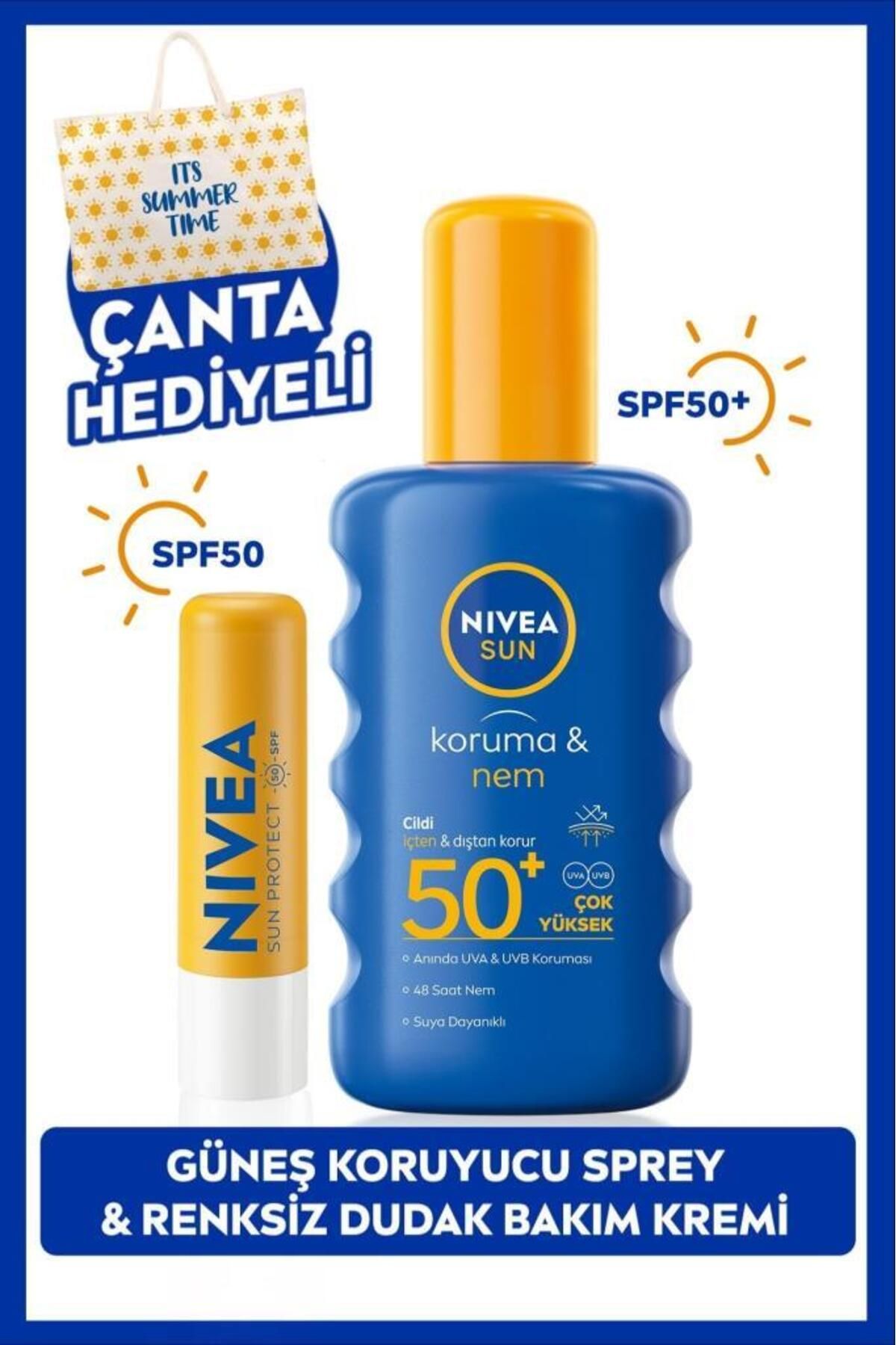 NIVEA SUN SPF50 Güneş Koruyucu Vücut Spreyi 200ml ve Renksiz Nemlendirici Dudak Bakım Kremi,Çanta Hediyeli