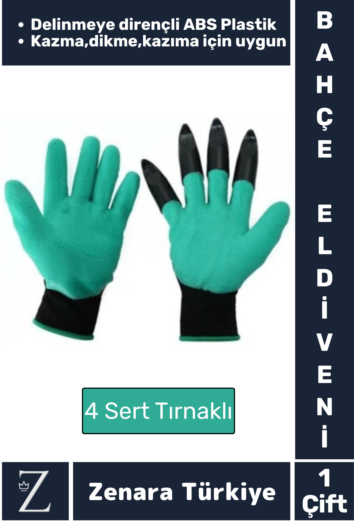 Zenara Premium Kauçuk Delinme Dirençli ABS Plastik 4 Sert Tırnaklı Toprak Kazma Dikme Kazıma Bahçe Eldiveni