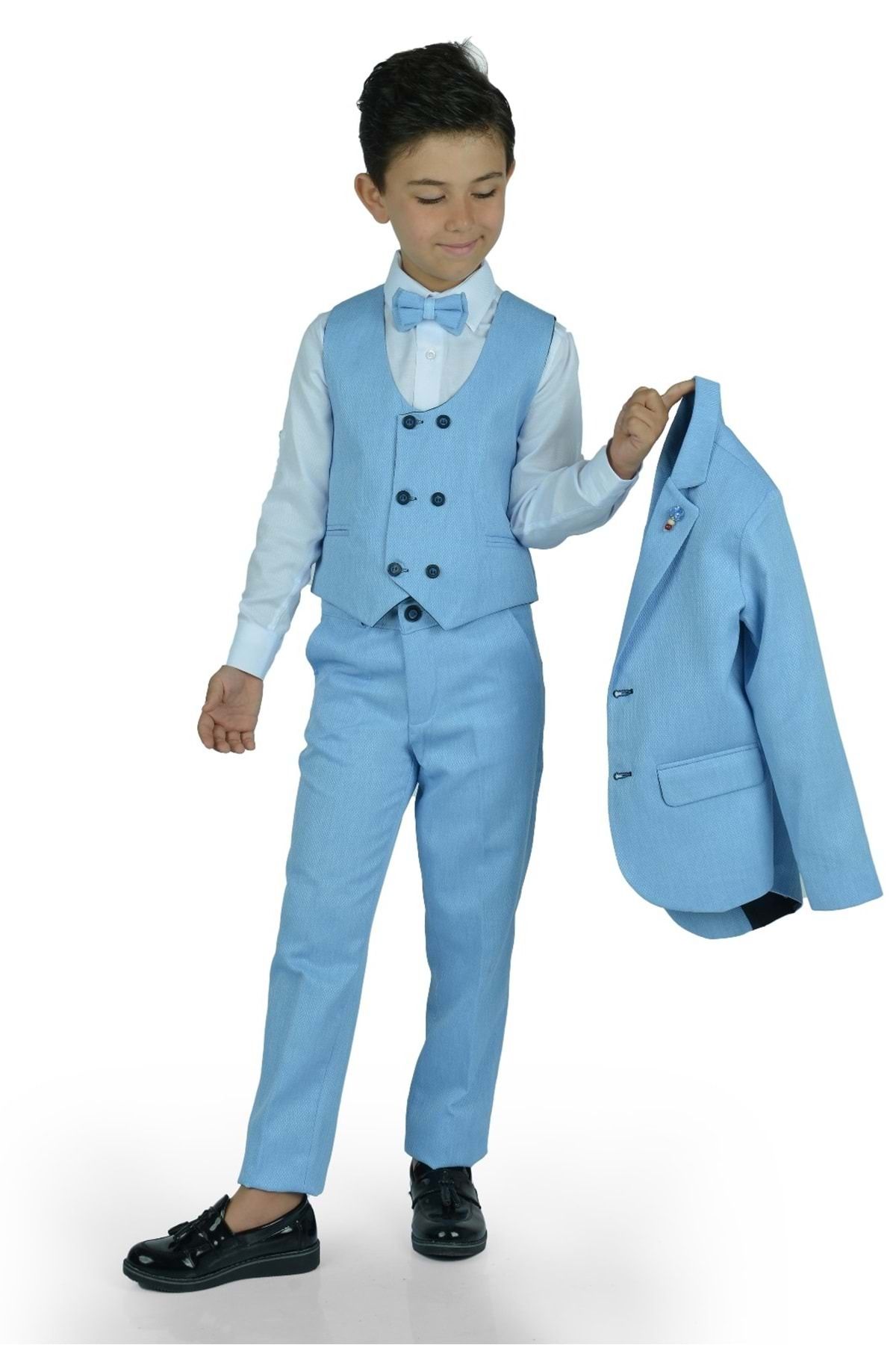 s.t. sebat tekstil Erkek Çocuk Yelek, Pantolon , Gömlek , Papyon ve Caket Tam Takım Elbise SB523