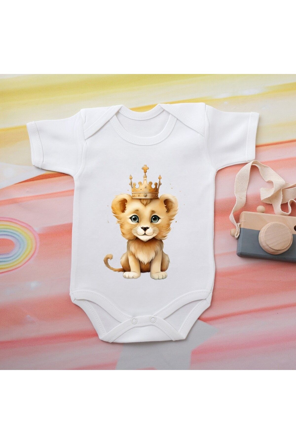 soft wing Aslan Desenli Bebek Zıbını - %100 Organik Pamuk, Kısa Kollu, Pratik Giyilebilir Tasarım