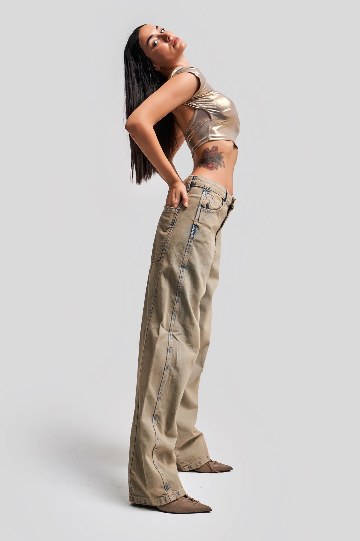 its basic-Damen-Jeans in Vollfarbe, Super-Baggy-Passform, mittlere Taille, Denim 3