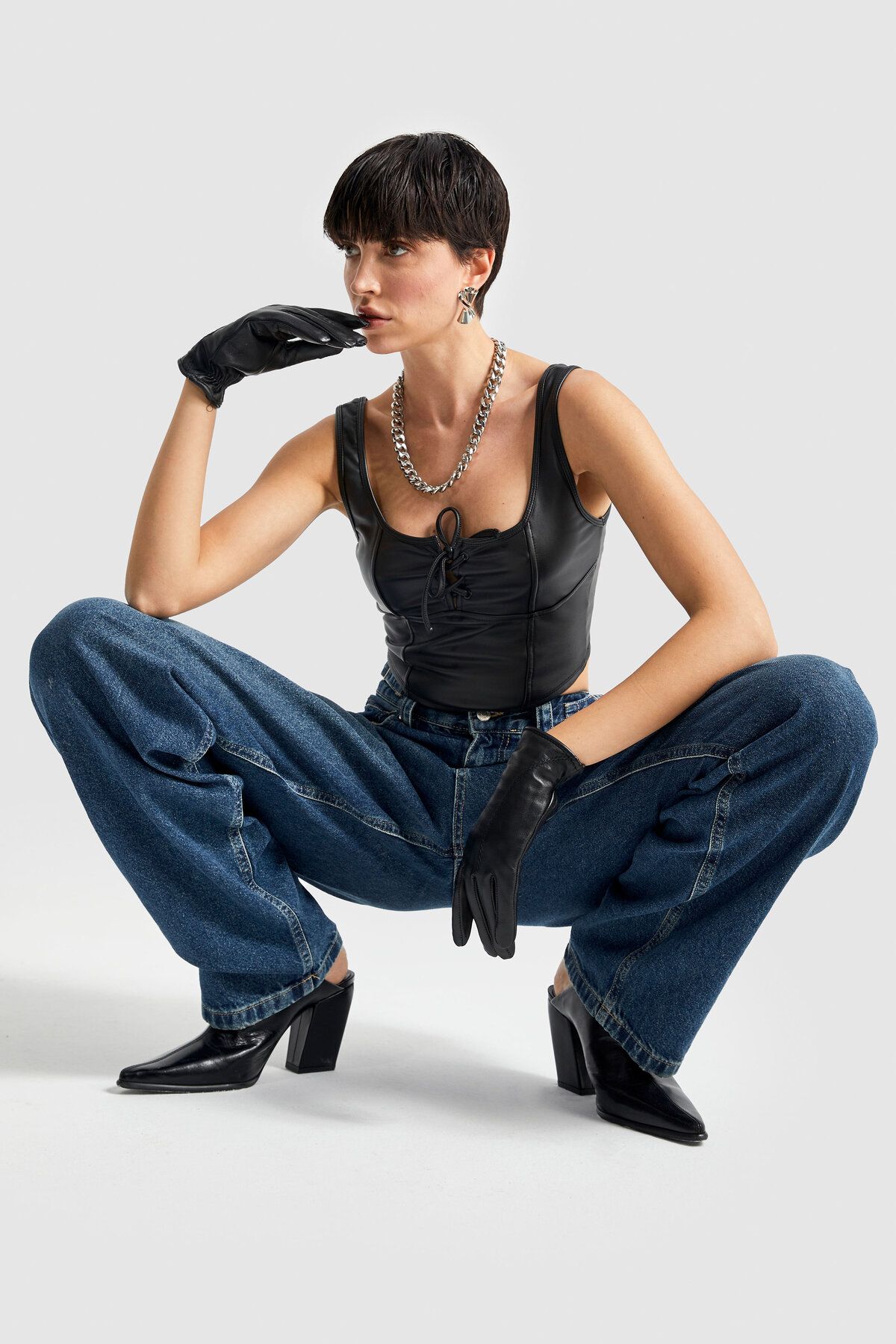its basic-Blugi de damă Full Tint Color Lotus Cureaua reglabilă în talie Super lungi Jean largi 5