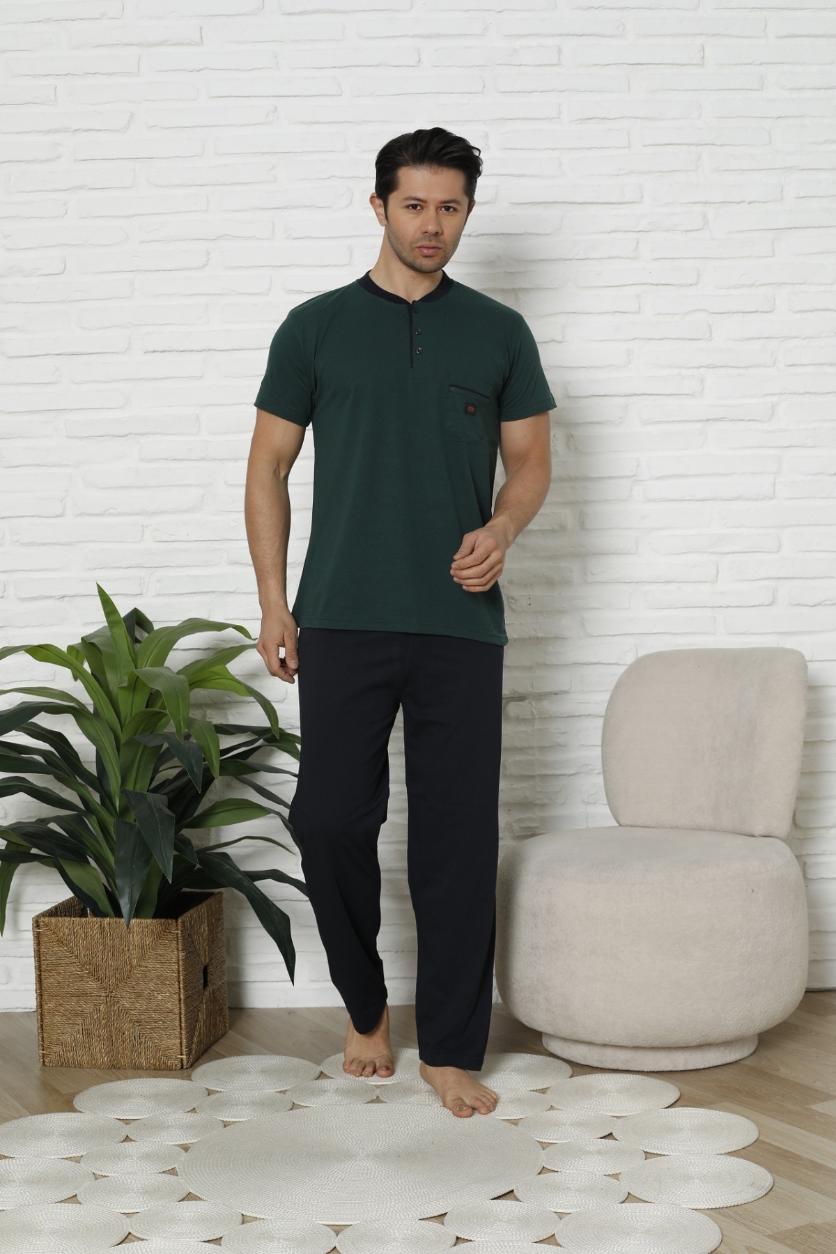 MODAREYA-Men's Short Sleeve Buttoned Collar Khaki Pajama Set with Chest Pocket 2