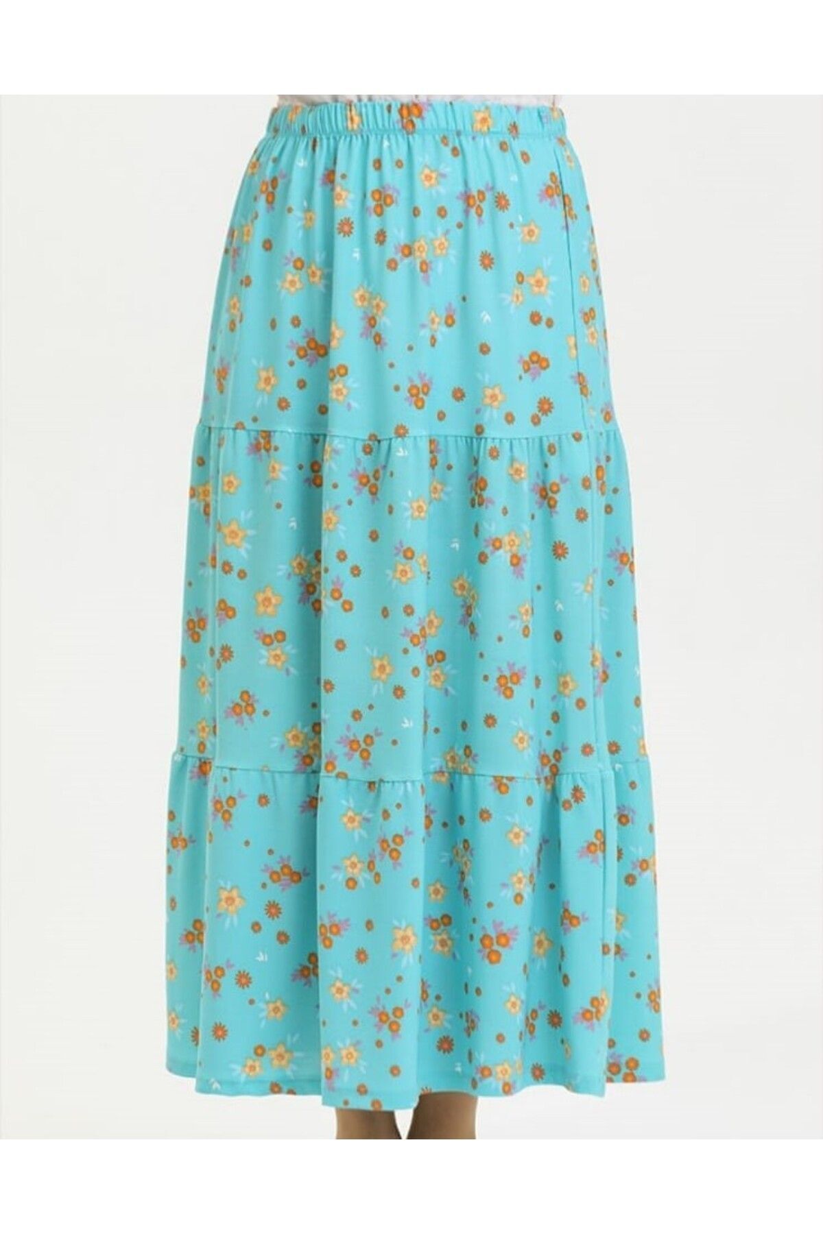RESPİRO-Floral Patterned Soft Flowing Layered Long Crepe Spring Summer Mint Skirt 2