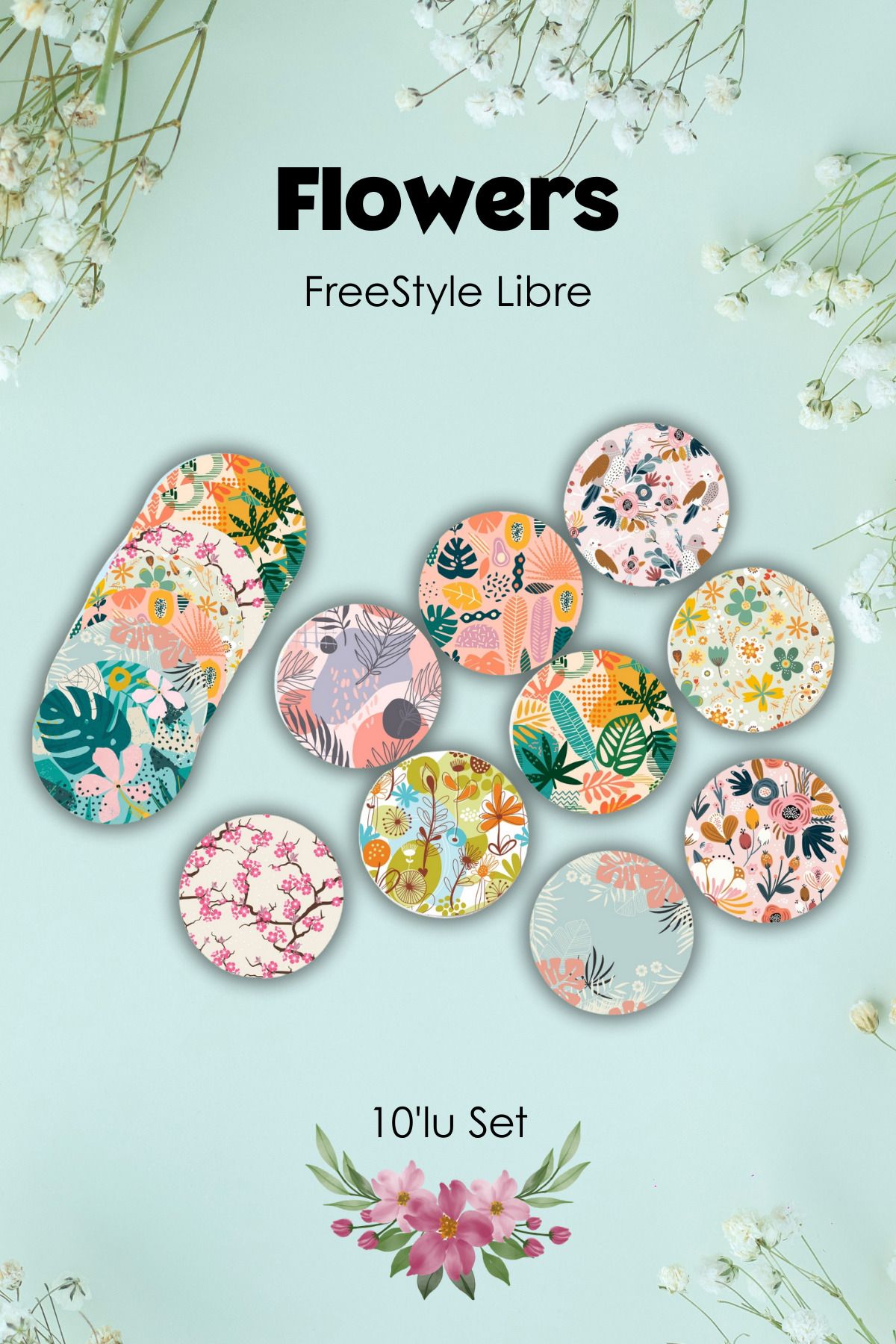 StickIT FreeStyle Libre Sensör Koruyucu Bant Flowers Serisi 10'lu Paket