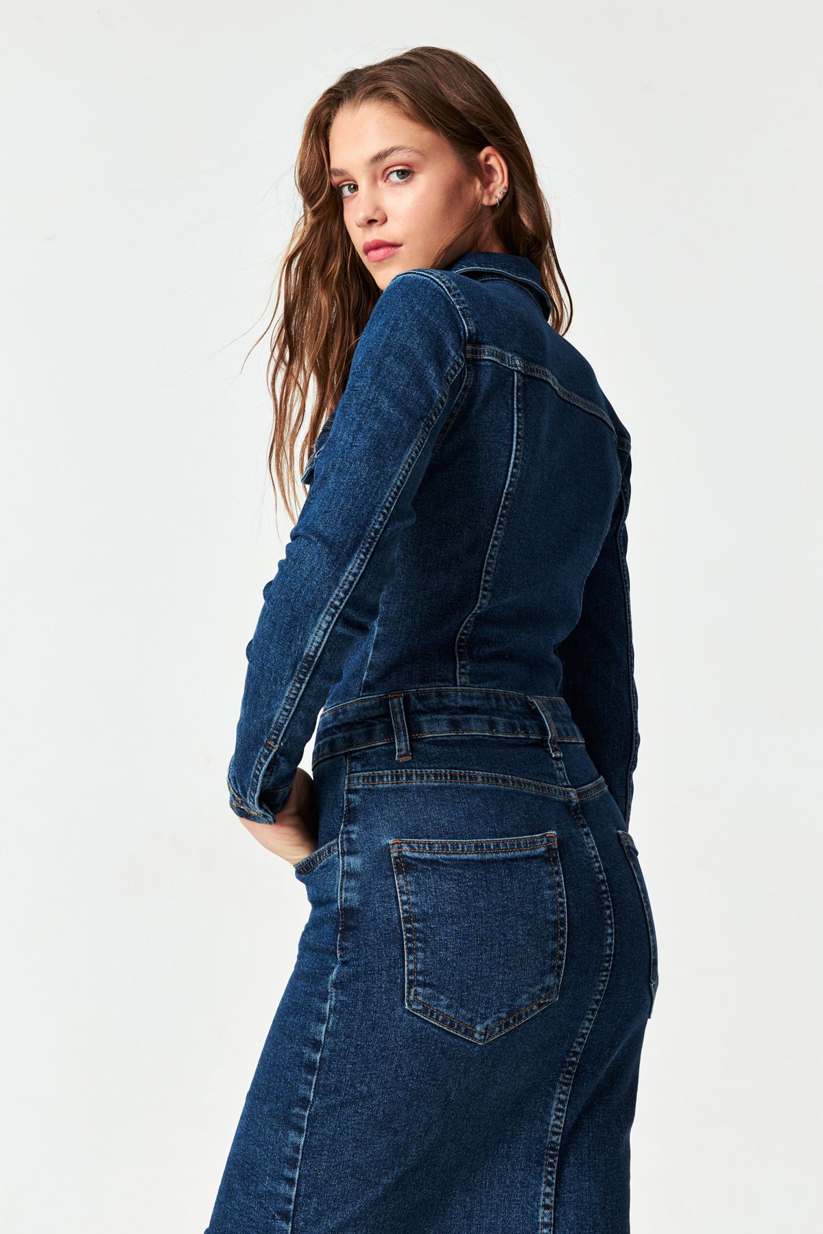 its basic-Women's Dark Blue Color Buttoned Long Denim Dress 6