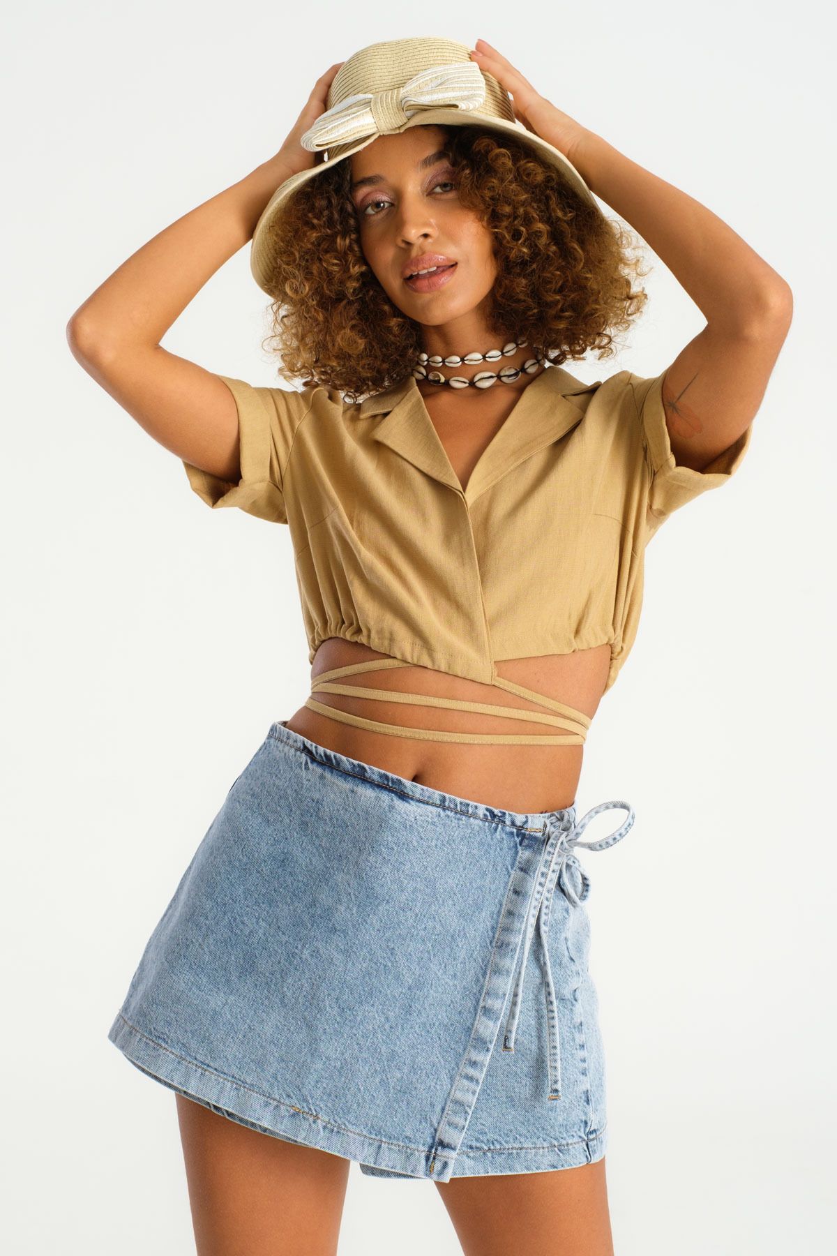 its basic-Fusta de damă din denim de culoare zăpadă cu șireturi laterale 8