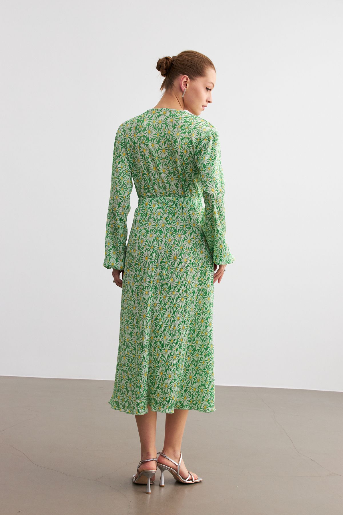MODAGEN-Rochie de damă cu model de flori verzi, cu guler dublu, cu talie elastică, lungime midi 5