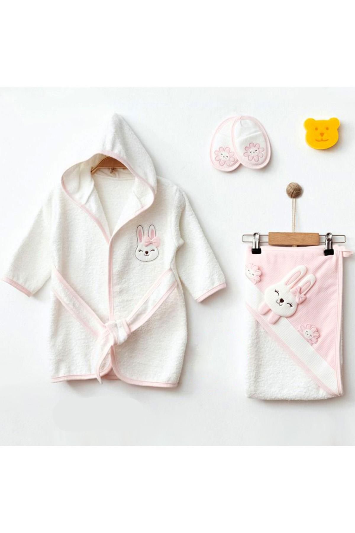 Sebi Bebe Kız Bebek Bornoz Seti, Lüx Bunny, Resimli-pembe