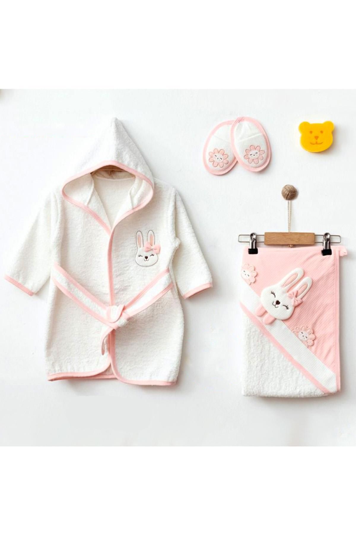Sebi Bebe Kız Bebek Bornoz Seti, Lüx Bunny, Tavşan Resimli-somon