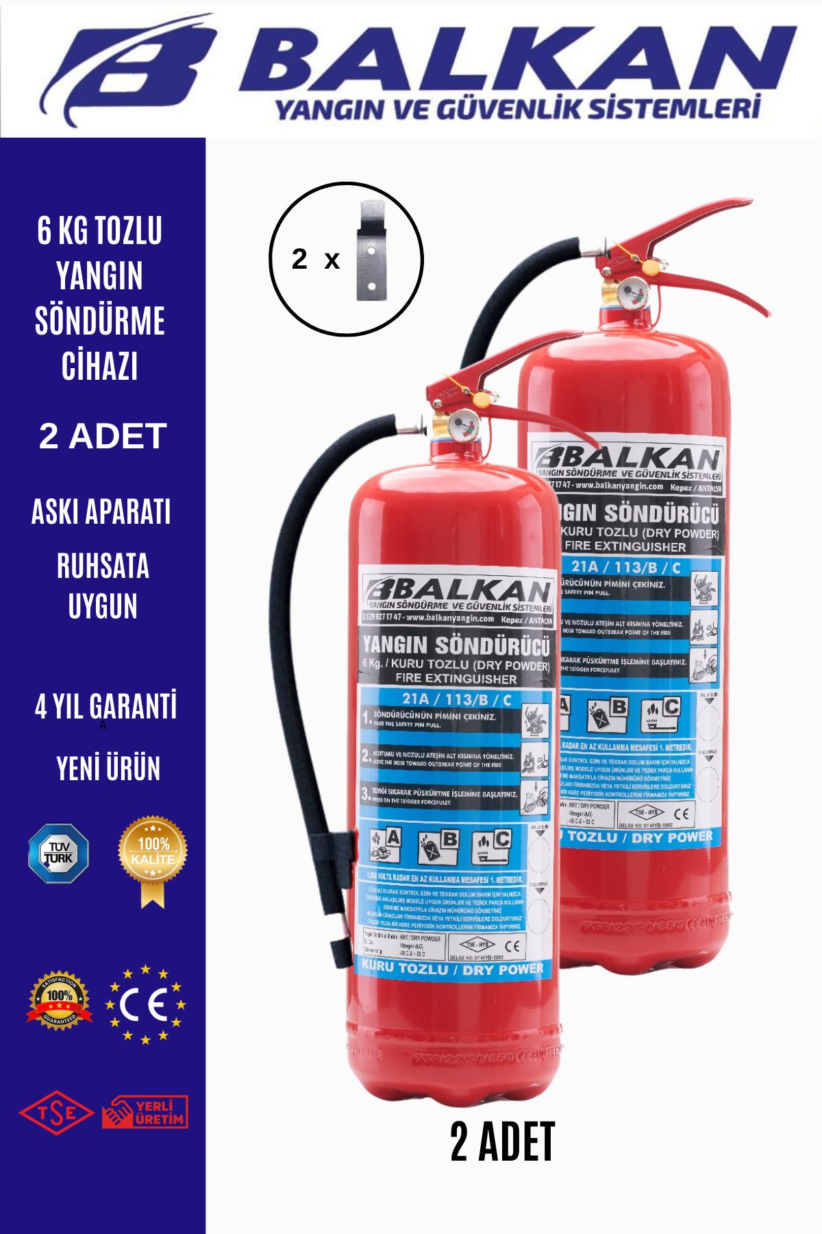 Balkan Ticaret 6 kg tozlu yangın söndürme cihazı +askı aparatı 2 adet