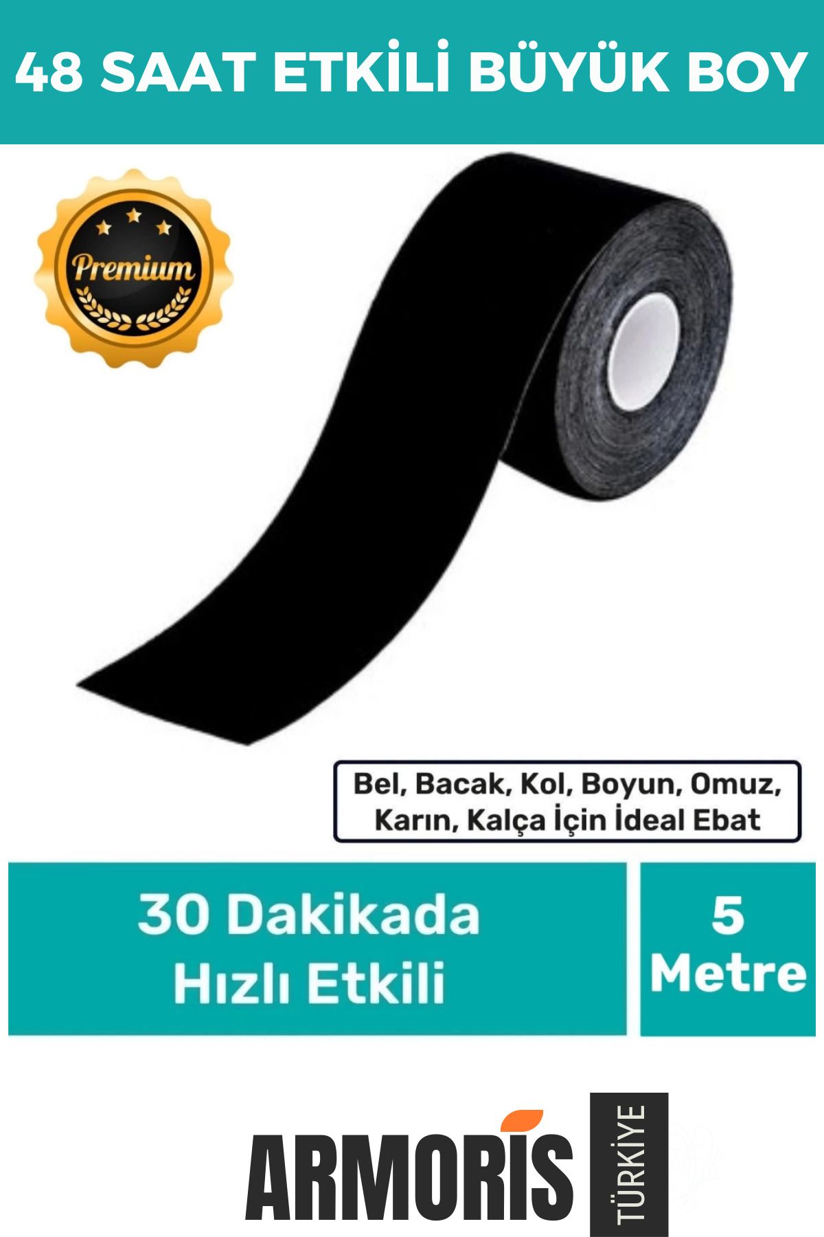 Armoris Hızlı Etkili Büyük Boy Kas Eklem Bel Bacak Kol Boyun Sırt Omuz Karın Kalça Ağrı IsıI Bandı 5cm x 5m