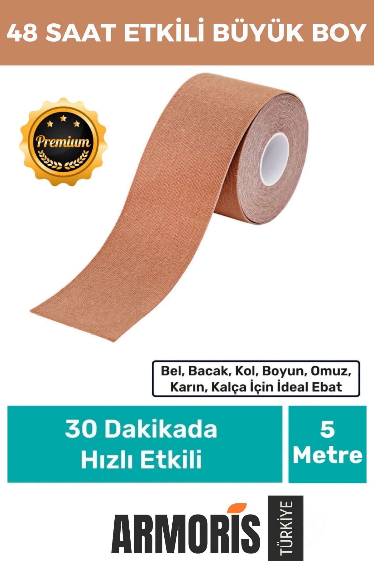 Armoris Hızlı Etkili Büyük Boy Kas Eklem Bel Bacak Kol Boyun Sırt Omuz Karın Kalça Ağrı IsıI Bandı 5cm x 5m